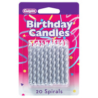 Spiral Silver Candles 10 pk WITH HOLDERS 2.5" - Metallic Birthday Candle