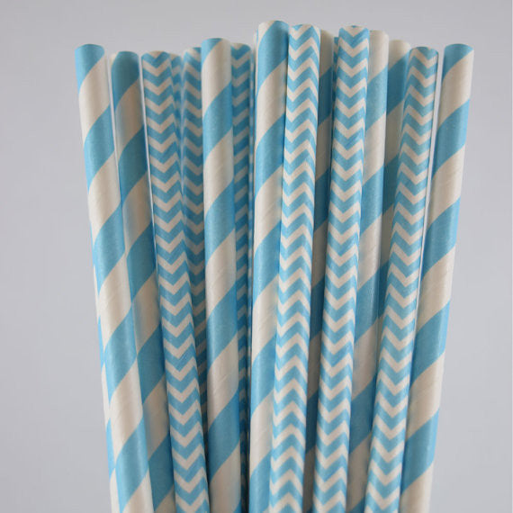 Light Blue Paper Straws, Chevron & Stripped 