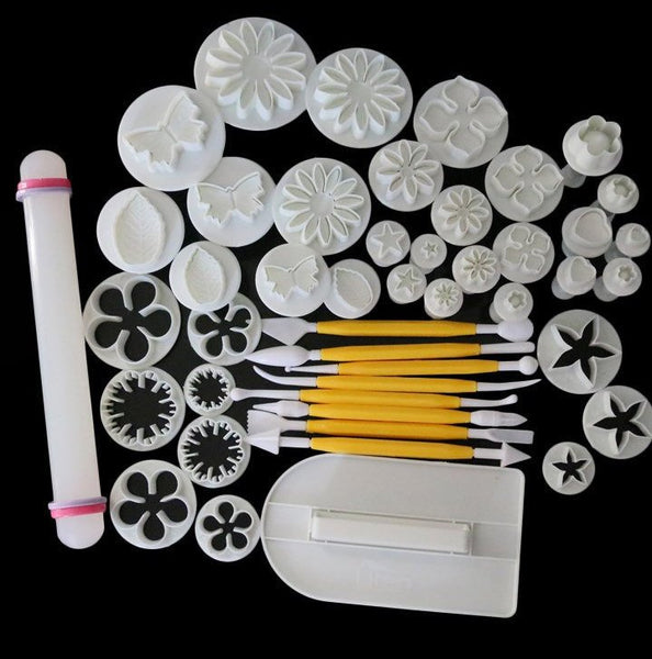 46 PC Set - Floral Plunger Cutters, Stars, Leaves, Butterflies, Rolling Pin, Modelling Tools, Cake Smoother, Hearts - Cake Decorating Kit